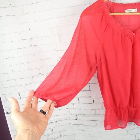 OLD NAVY HOT PINK 1/2 SLEEVE V NECK SHEER BLOUSE WITH RUFFLE HEM SIZE MEDIUM - Picture 5 of 6